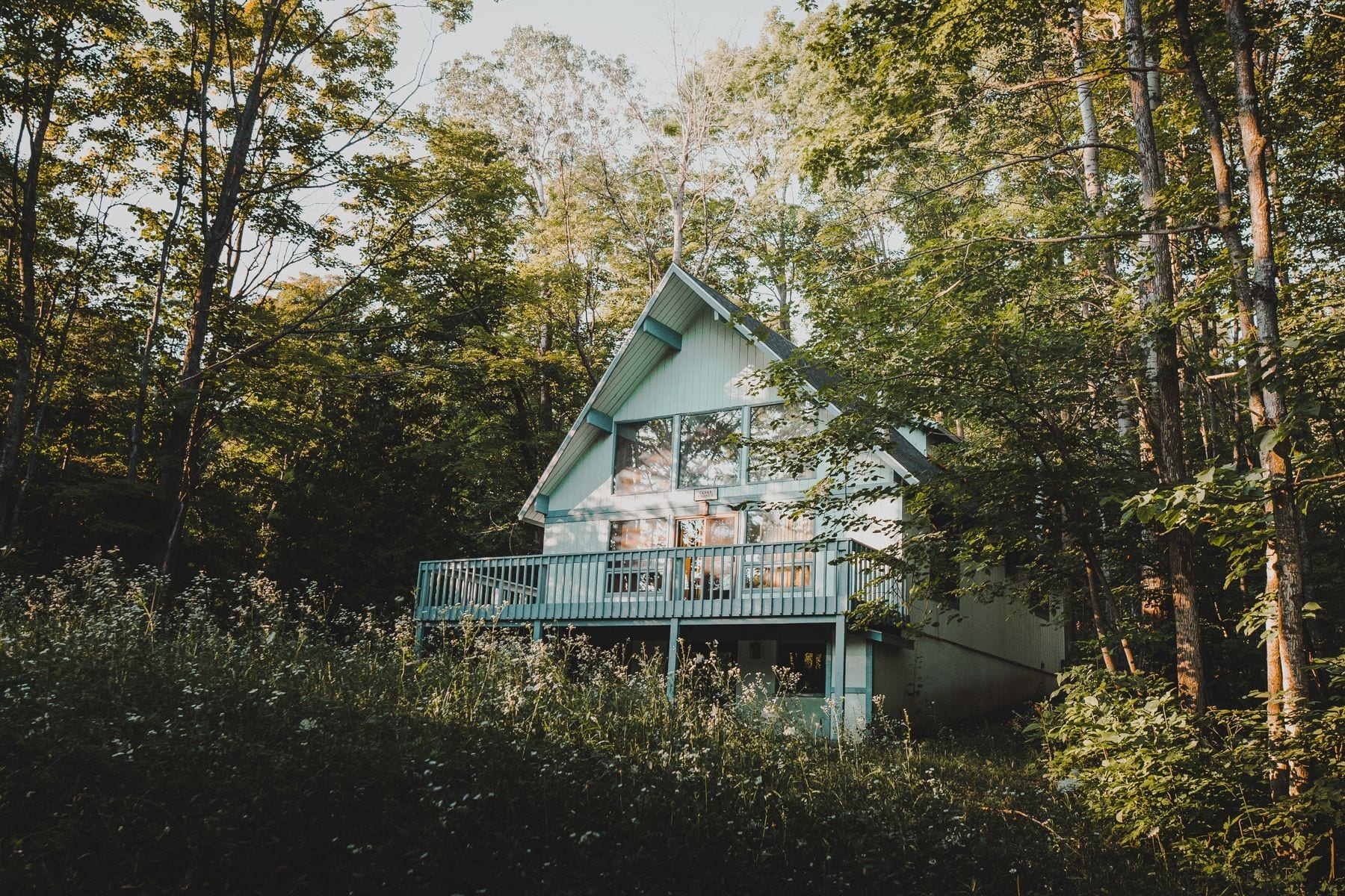 Wooden cottage with a screened porch tucked into the trees near Harbor Springs, Michigan